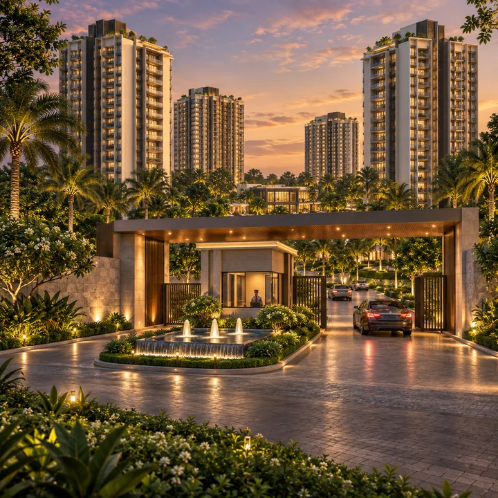 Prestige Falcon City Reserve landscaped gated arrival at dusk, artist's impression Prestige Falcon City Reserve landscaped gated arrival at dusk, artist's impression