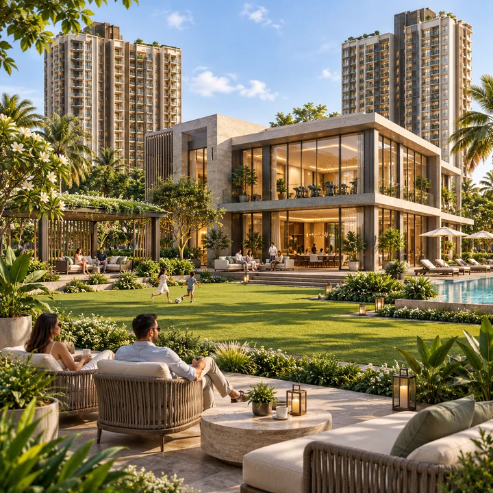 Prestige Falcon City Reserve clubhouse opening onto landscaped lawns, artist's impression Prestige Falcon City Reserve clubhouse opening onto landscaped lawns, artist's impression