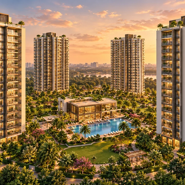 Prestige Falcon City Reserve premium apartment towers above landscaped grounds, artist's impression Prestige Falcon City Reserve premium apartment towers above landscaped grounds, artist's impression