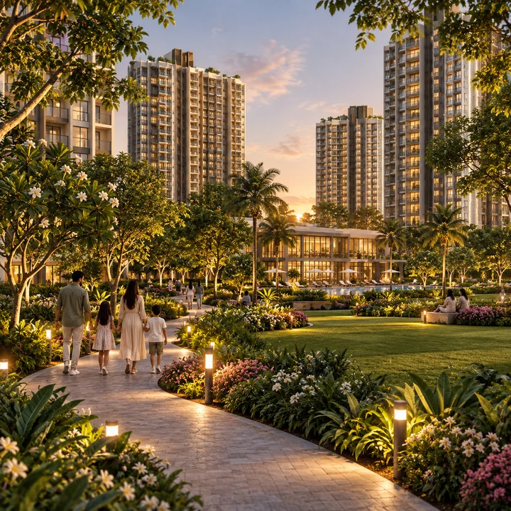 Prestige Falcon City Reserve landscaped gardens and walking path, artist's impression Prestige Falcon City Reserve landscaped gardens and walking path, artist's impression