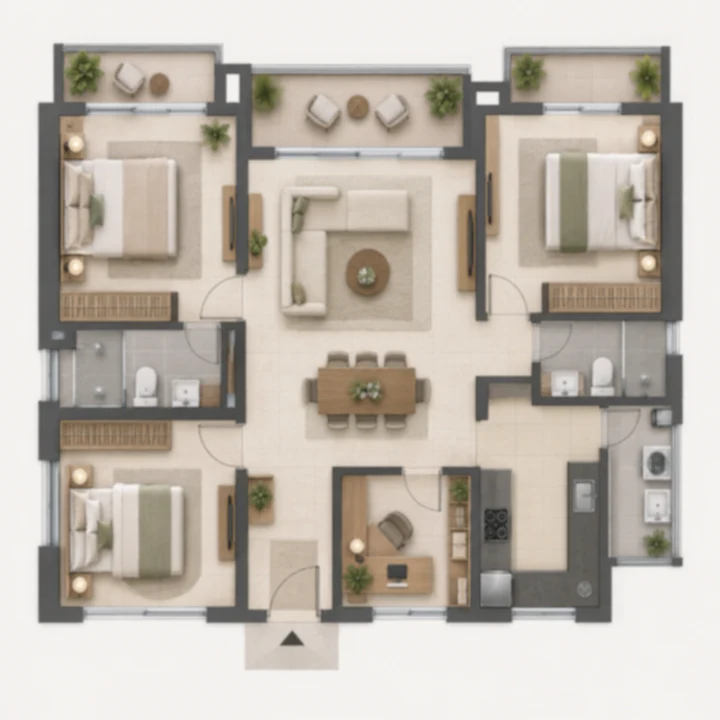 Prestige Falcon City Reserve 3 BHK with home office floor plan, illustrative layout